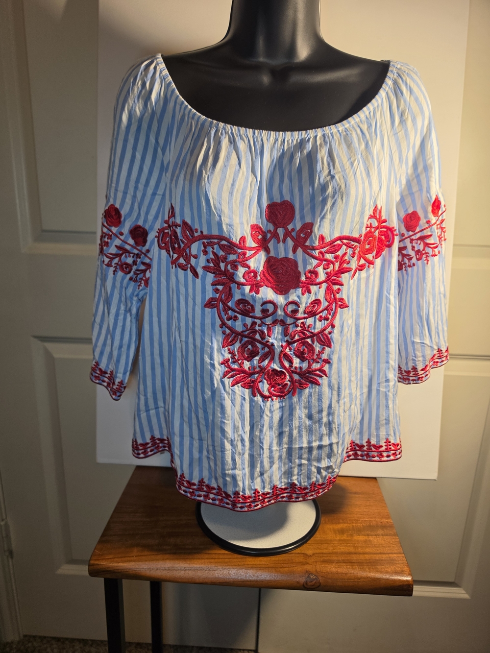 GIANNI BINI Striped Off-Shoulder Peasant Top with Red Embroidery SIZE M